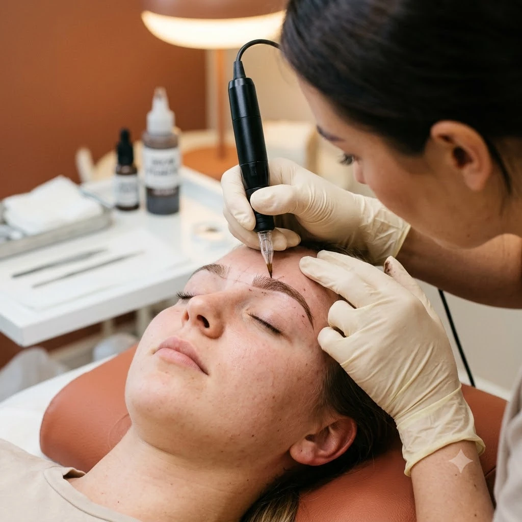 Profissional realizando micropigmentação fio a fio na sobrancelha