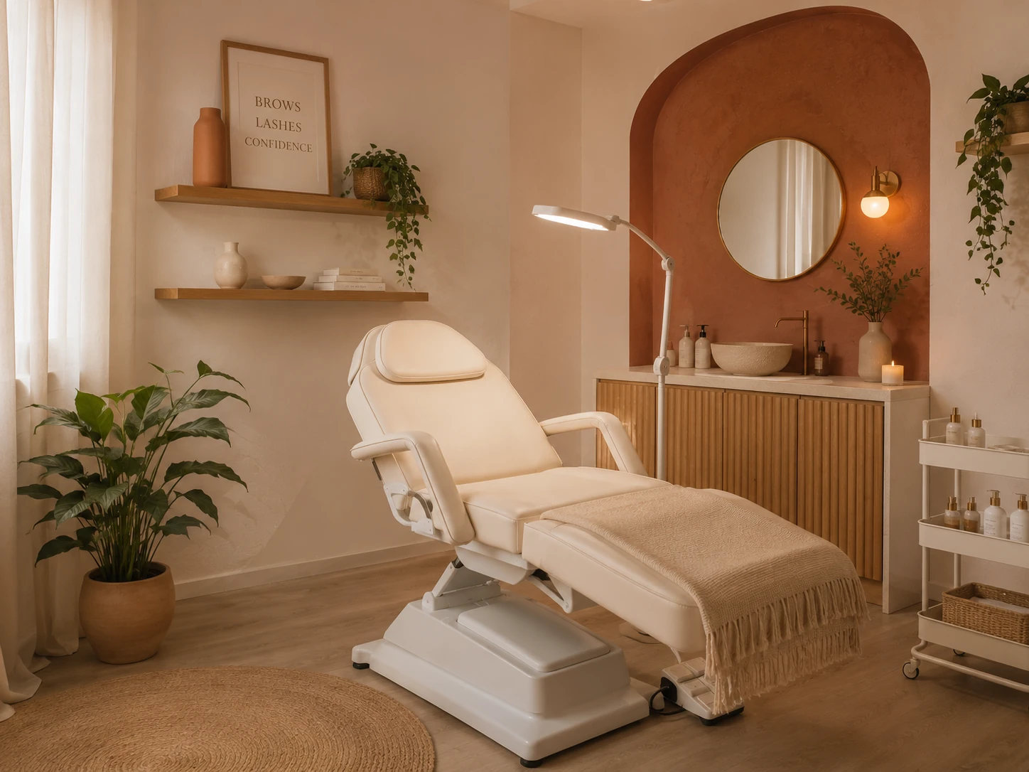 Ambiente aconchegante do Marcato Studio com maca, plantas e detalhes em terracota